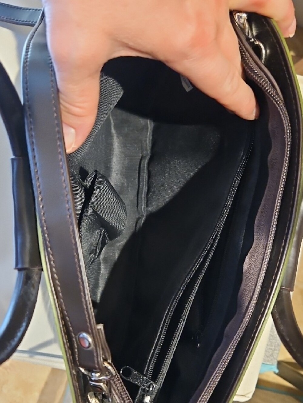 Olive Green Patent Tote with Black Ring Handles - Picture 7 of 7
